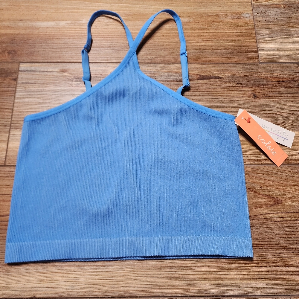 Colsie Brami Women's L Blue Ribbed Bra Top Tank Cropped NEW